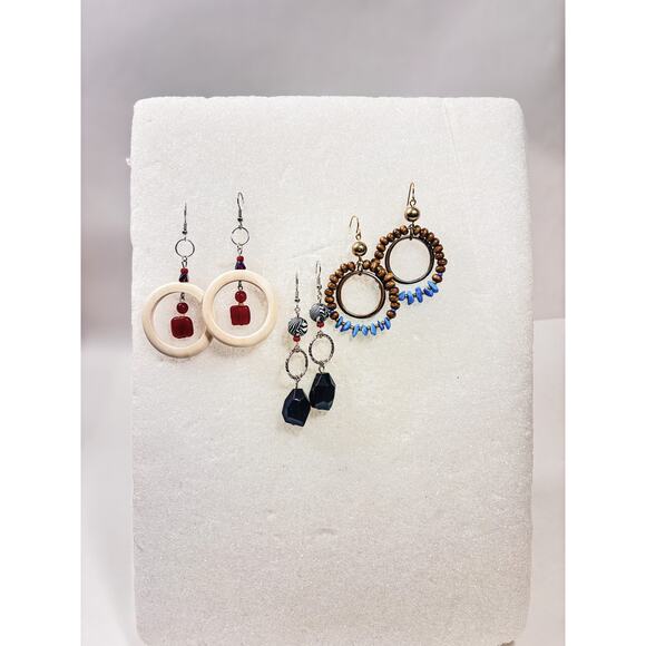 Set of Handcrafted Earrings Black Crystal drops Hoops w/ Gemstone Accents 2 inch - Picture 8 of 8